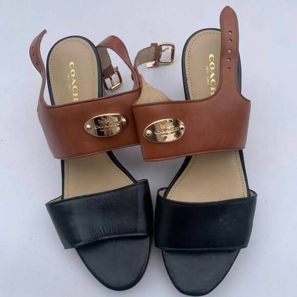 Coach Hendrick Wedge Sandals – Black & Tan Leather – Size 7 - Picture 1 of 4